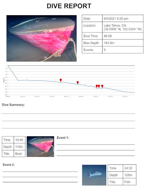 Screenshot of dive report showing events from dive and depth profile